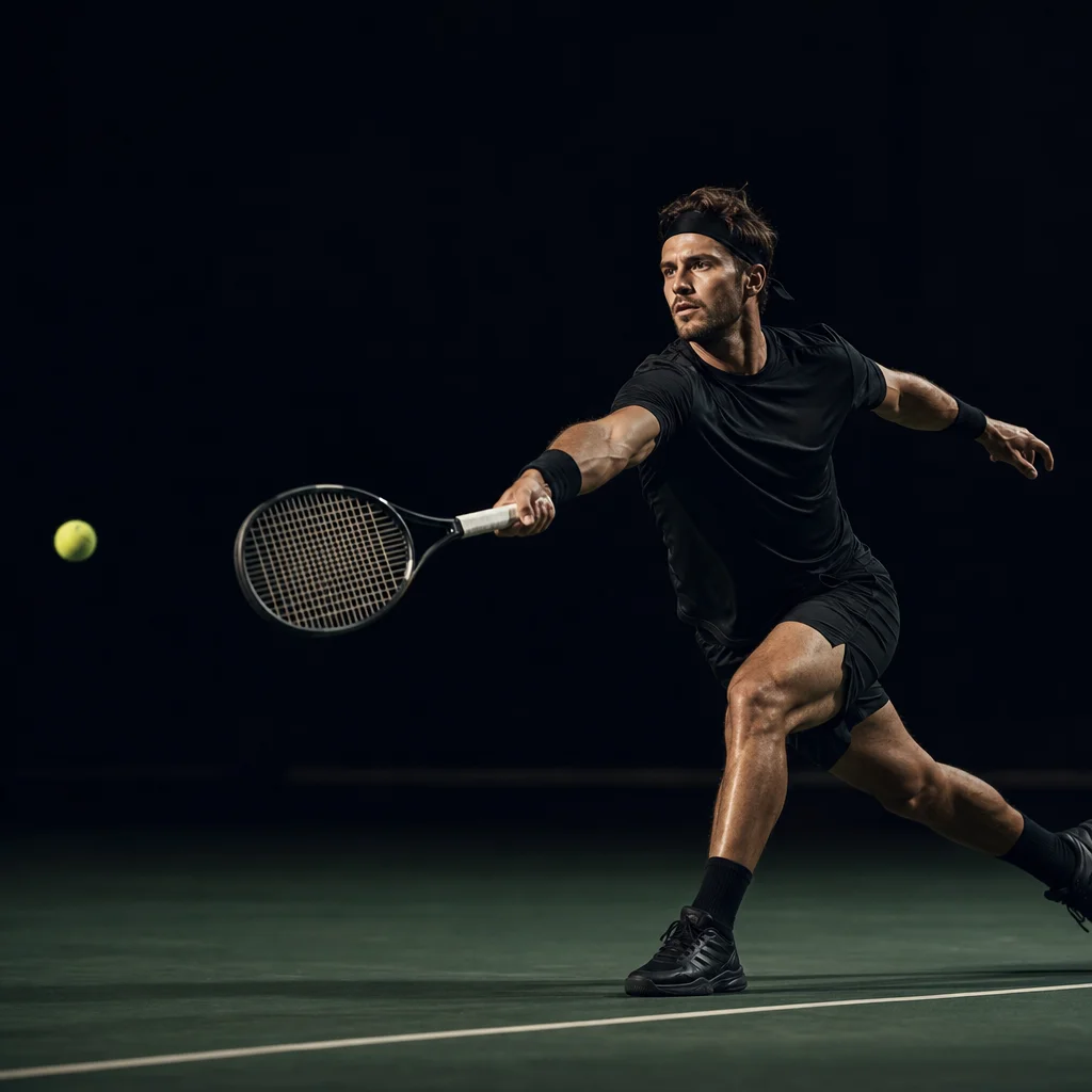 Tennis player lunging to reach a wide forehand on a hard court