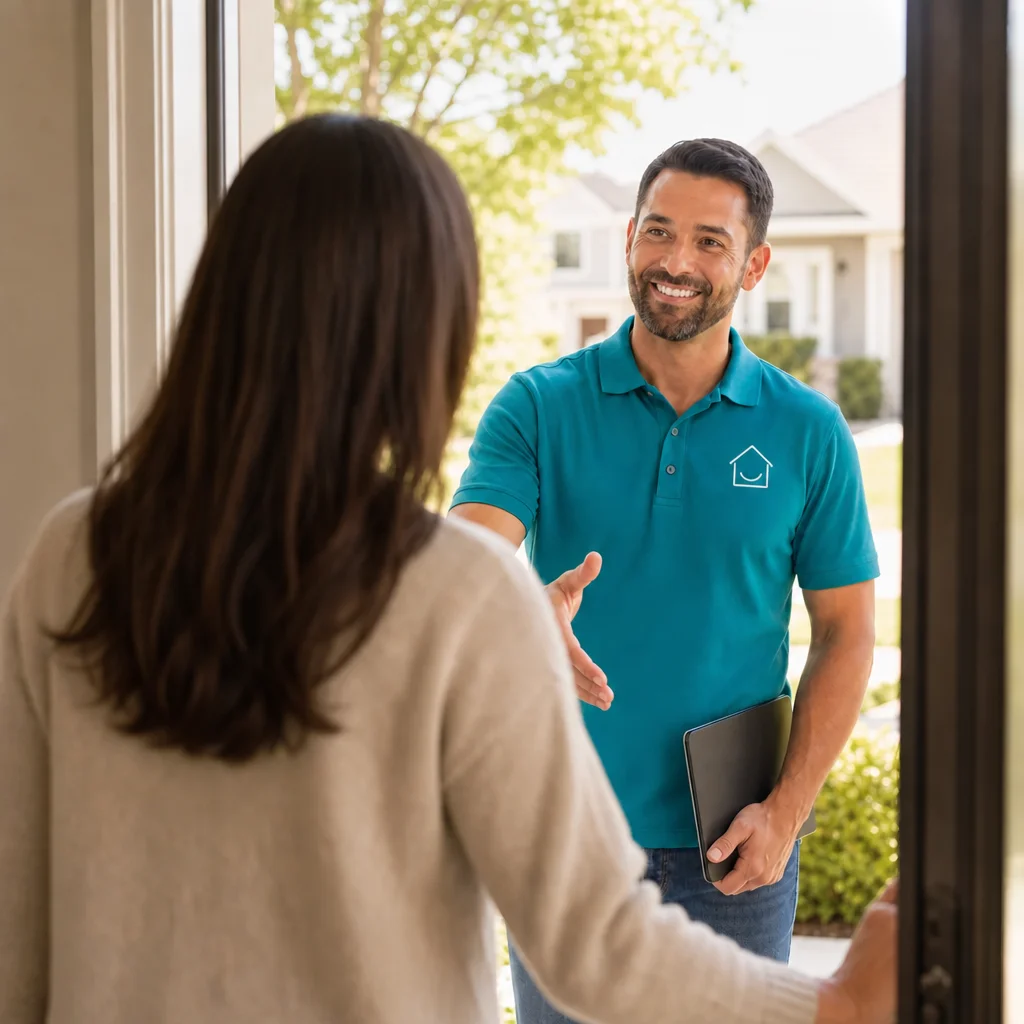 Dedicated Handyman greeting a homeowner at the door