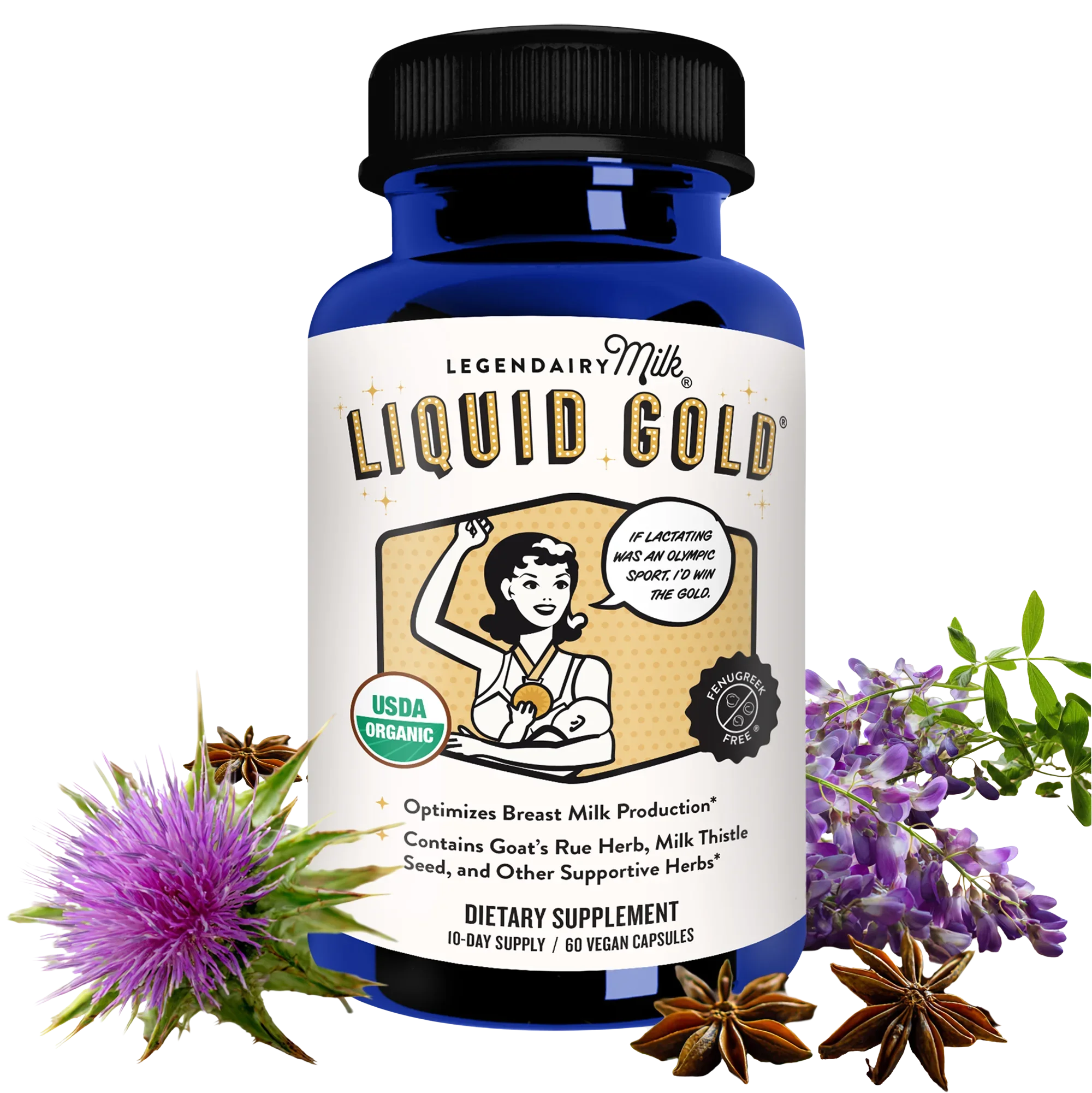 Liquid Gold® Organic Lactation Blend bottle surrounded by milk thistle, star anise and goat's rue botanicals — Legendairy Milk