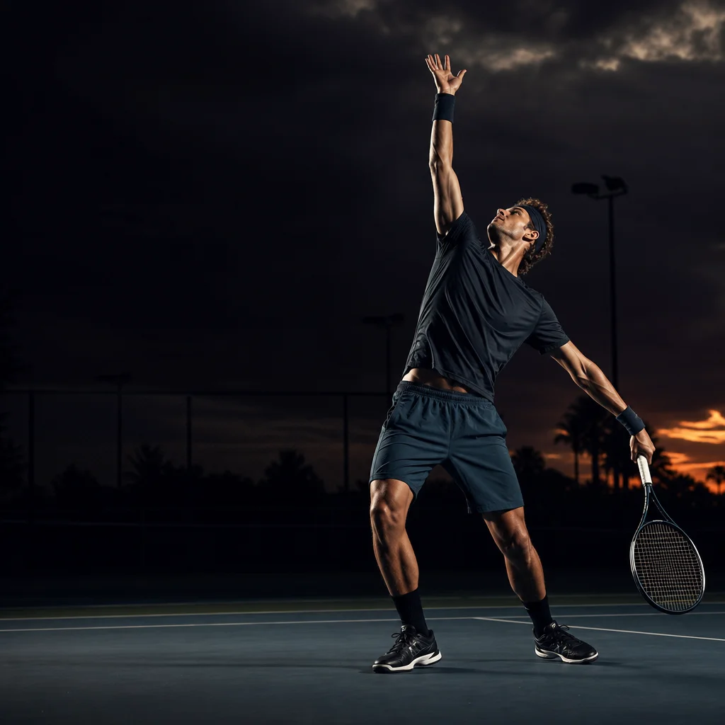 Tennis player loading into the trophy position of a serve at dusk